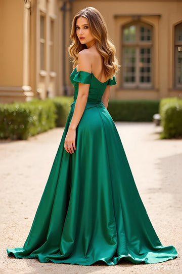 Épaule dénudée Vert foncé Une ligne robe de bal longue en satin avec poches
